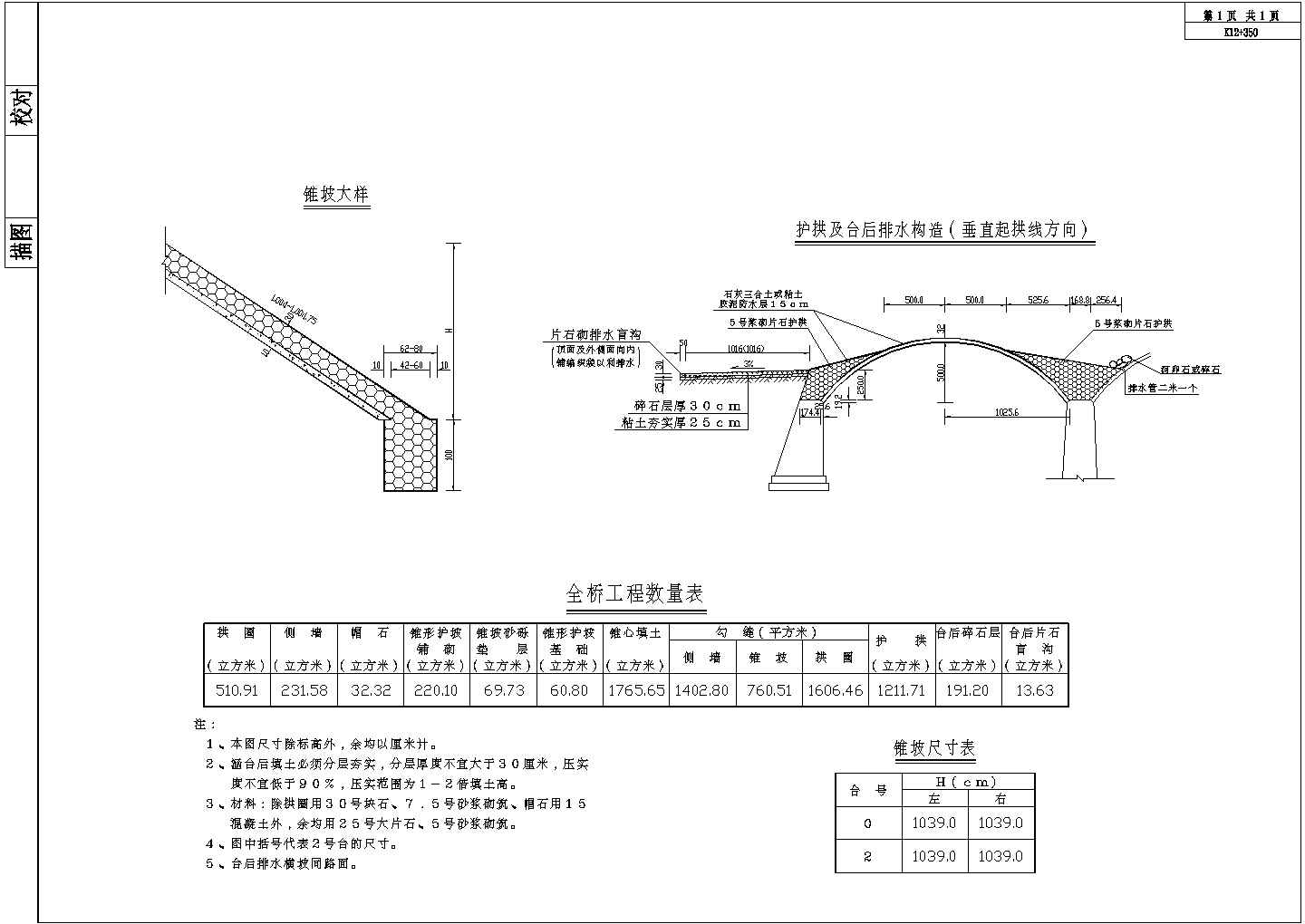 双孔拱桥护拱、锥坡、台后排水一般构造节点详图-图一