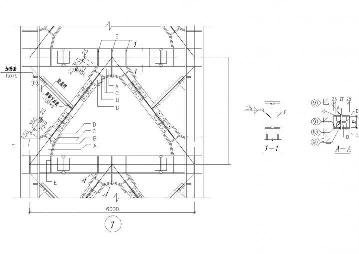 A字形钢支撑连接做法CAD节点详图