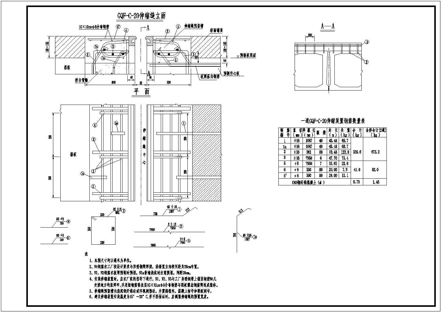 1×10米预应力混凝土空心板伸缩缝预埋钢筋构造节点详图设计-图二