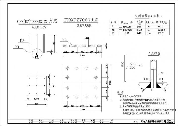 某桥梁梁底支座预埋钢板设计CAD节点详图