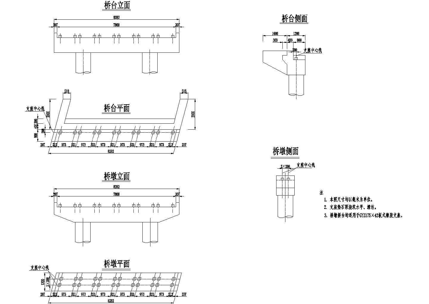 双柱式桥台桥墩构造节点详图（GYZ175×42板式橡胶支座）-图一