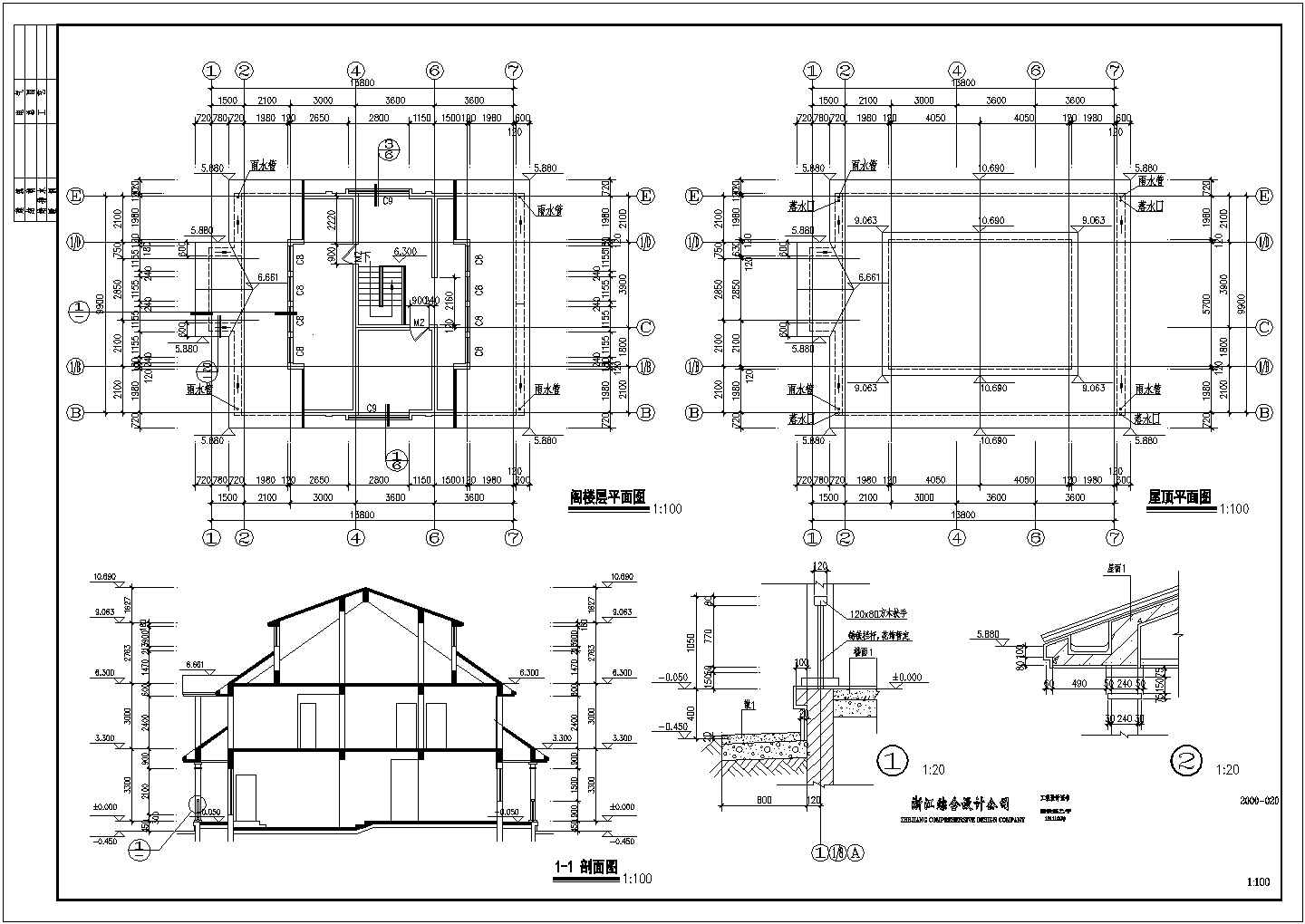 某框混结构二层带阁楼层别墅设计CAD建施详图-图一