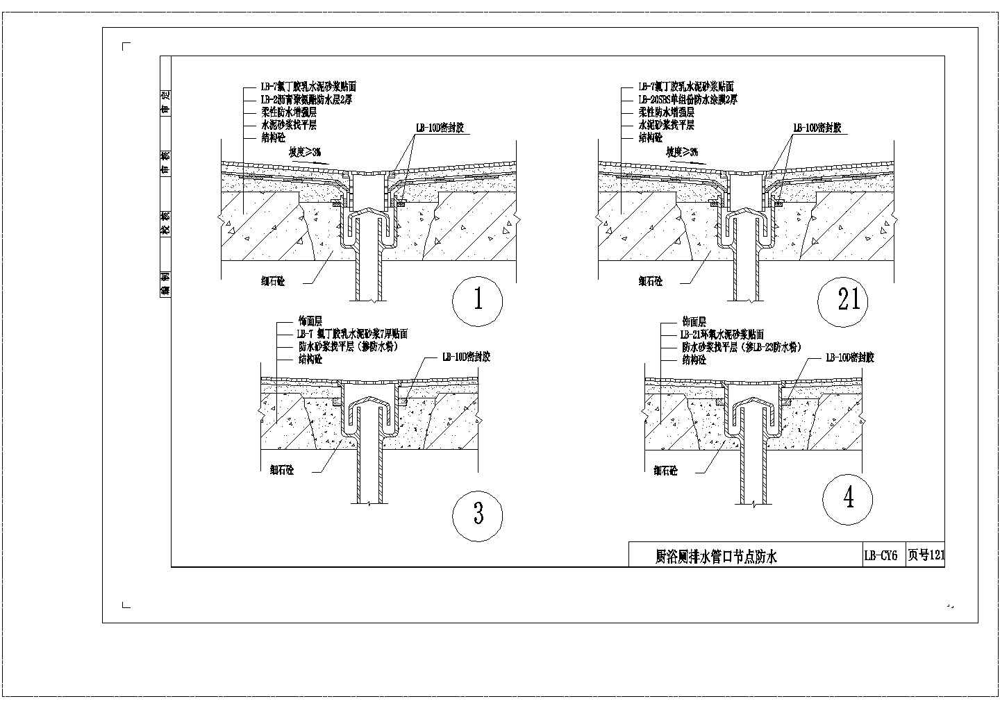 某厨厕排水管口节点防水CAD建筑设计施工图-图一