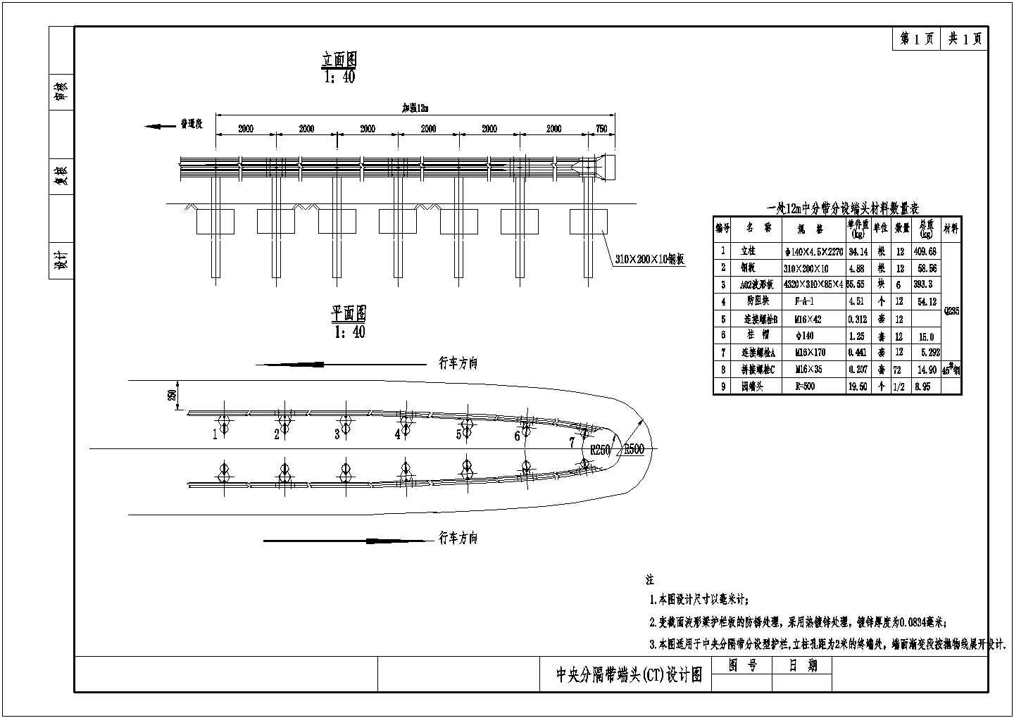 中央分隔带端头(CT)及活动护栏设计节点详图-图一
