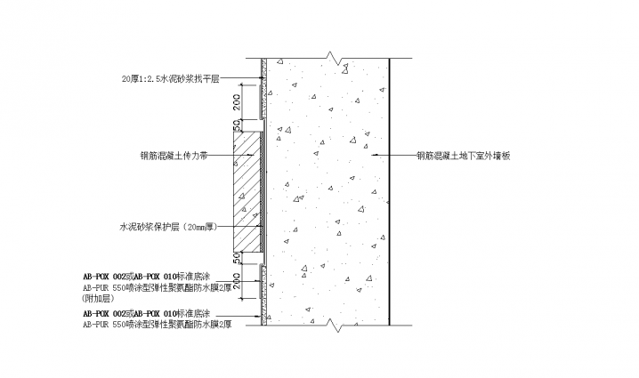 某地地下室外墙与传力带部位防水节点详图CAD图纸